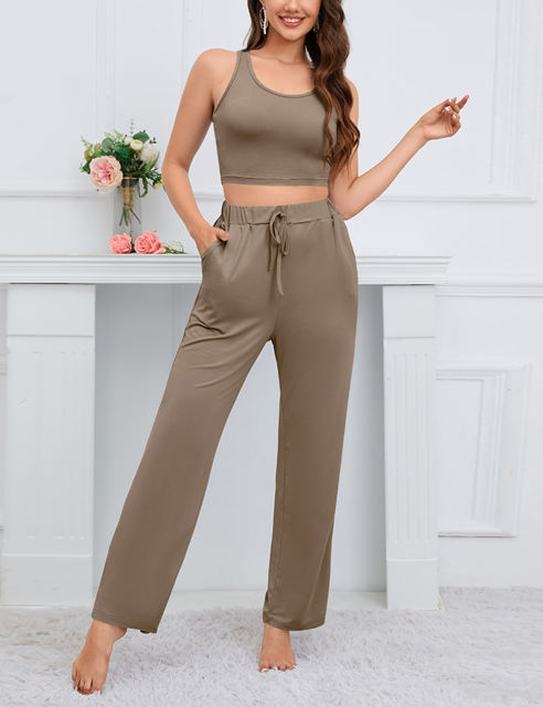 Khaki 3pcs Cardigan, Vest and Wide Leg Pant Lounge Set