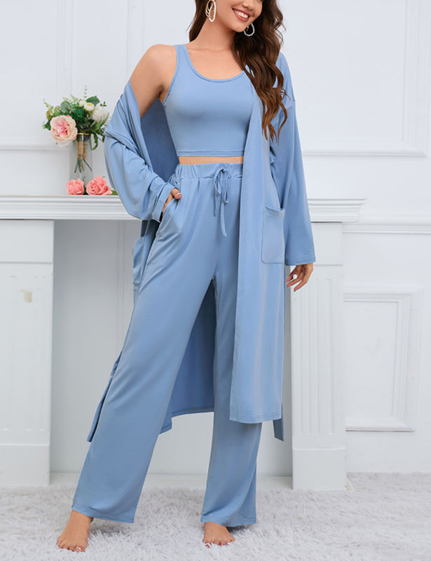 Blue 3pcs Cardigan, Vest and Wide Leg Pant Lounge Set