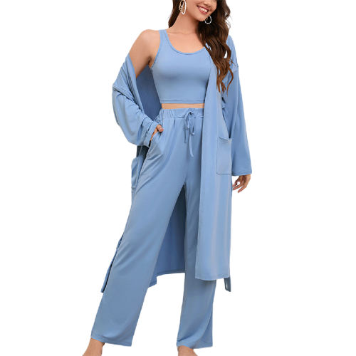 Blue 3pcs Cardigan, Vest and Wide Leg Pant Lounge Set