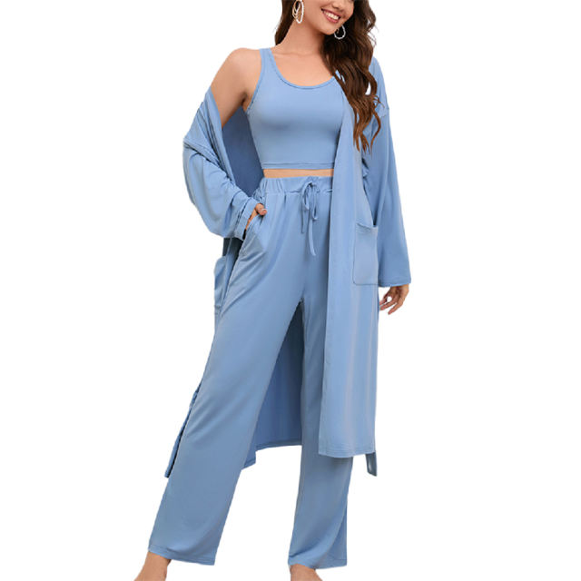 Blue 3pcs Cardigan, Vest and Wide Leg Pant Lounge Set