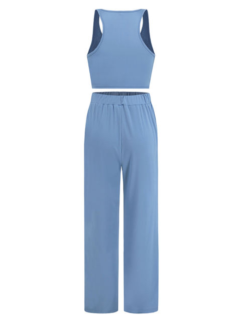 Blue 3pcs Cardigan, Vest and Wide Leg Pant Lounge Set