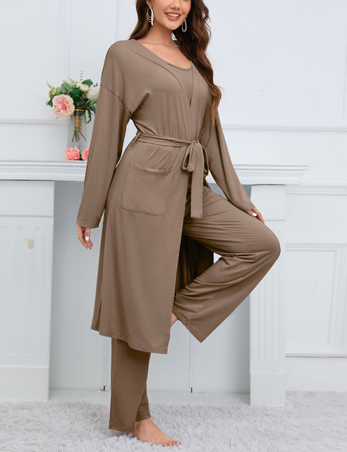 Khaki 3pcs Cardigan, Vest and Wide Leg Pant Lounge Set