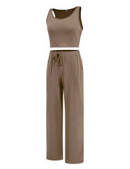 Khaki 3pcs Cardigan, Vest and Wide Leg Pant Lounge Set