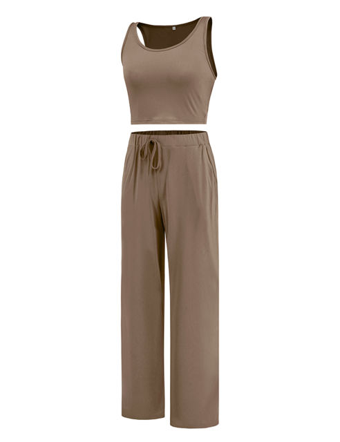 Khaki 3pcs Cardigan, Vest and Wide Leg Pant Lounge Set