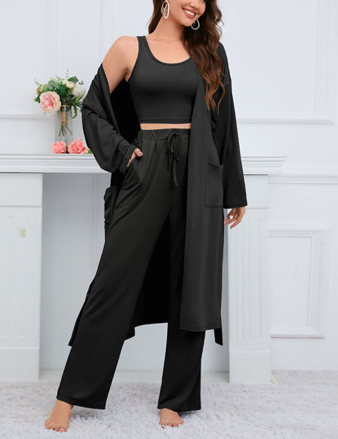 Black 3pcs Cardigan, Vest and Wide Leg Pant Lounge Set