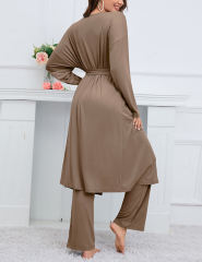Khaki 3pcs Cardigan, Vest and Wide Leg Pant Lounge Set