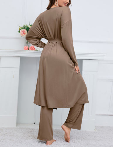 Khaki 3pcs Cardigan, Vest and Wide Leg Pant Lounge Set