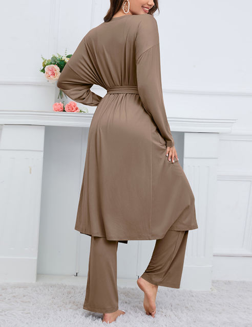 Khaki 3pcs Cardigan, Vest and Wide Leg Pant Lounge Set