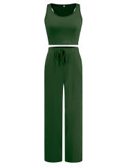 Green 3pcs Cardigan, Vest and Wide Leg Pant Lounge Set