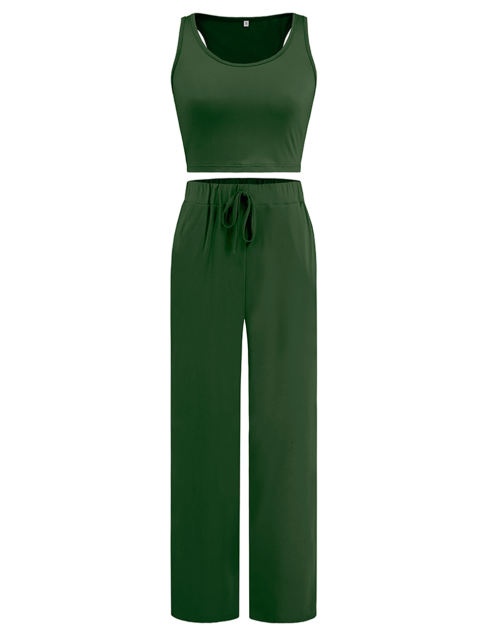 Green 3pcs Cardigan, Vest and Wide Leg Pant Lounge Set