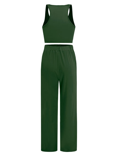 Green 3pcs Cardigan, Vest and Wide Leg Pant Lounge Set