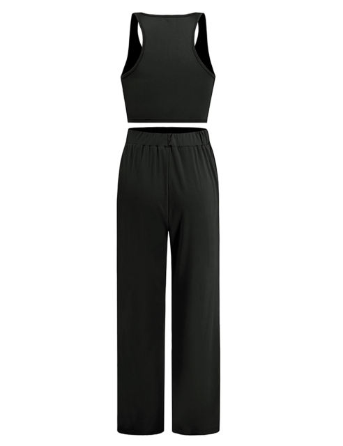 Black 3pcs Cardigan, Vest and Wide Leg Pant Lounge Set