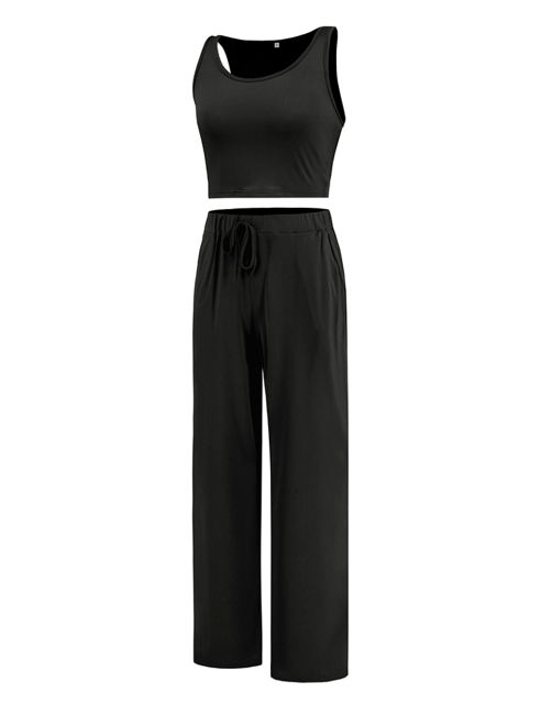 Black 3pcs Cardigan, Vest and Wide Leg Pant Lounge Set