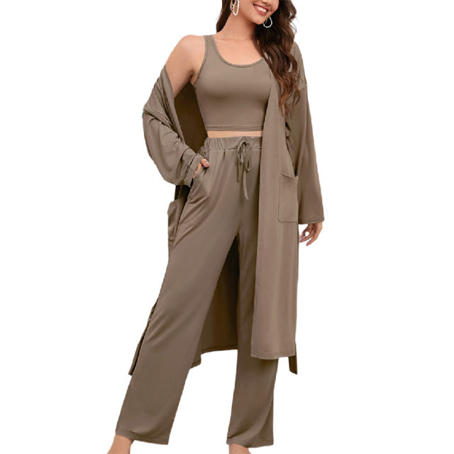 Khaki 3pcs Cardigan, Vest and Wide Leg Pant Lounge Set