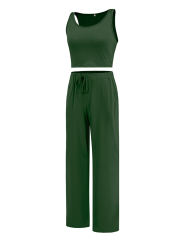 Green 3pcs Cardigan, Vest and Wide Leg Pant Lounge Set