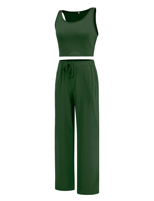 Green 3pcs Cardigan, Vest and Wide Leg Pant Lounge Set