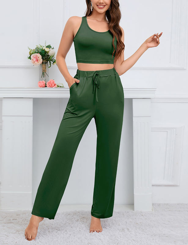 Green 3pcs Cardigan, Vest and Wide Leg Pant Lounge Set