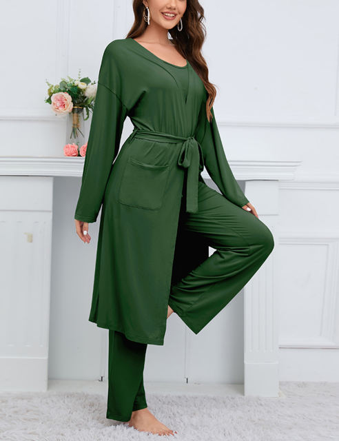 Green 3pcs Cardigan, Vest and Wide Leg Pant Lounge Set