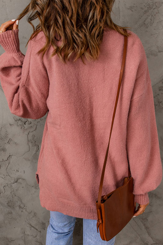 Red Solid Color Puffy Sleeve Pocketed Sweater