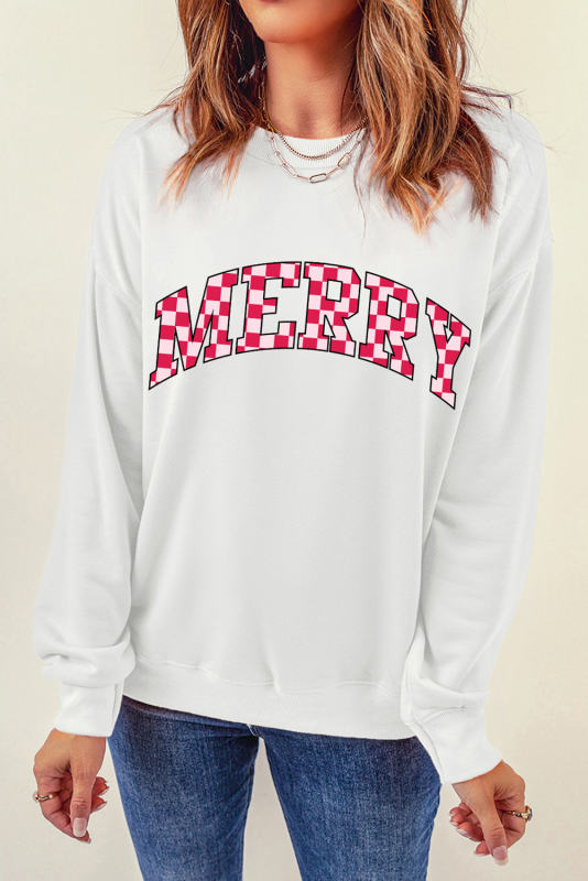 Beige MERRY Plaid Print Crewneck Pullover Sweatshirt