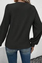 Black Contrast Ribbed Bishop Sleeve Top