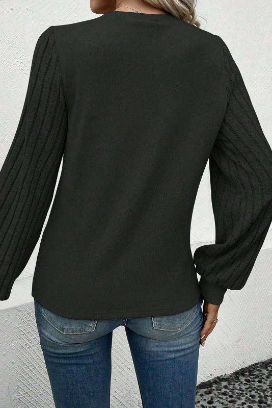 Black Contrast Ribbed Bishop Sleeve Top