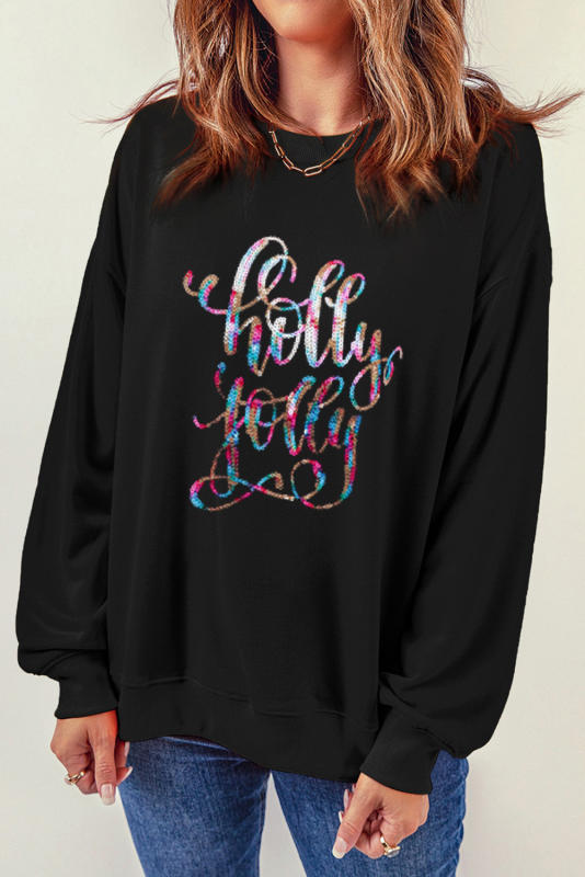 Black Holly Jolly Crew Neck Pullover Sweatshirt