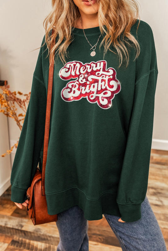 Duffel Green Merry &amp; Bright Sequin Print Drop Shoulder Sweatshirt