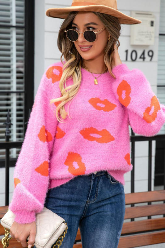 Bright Pink Valentine Kisses Fuzzy Sweater