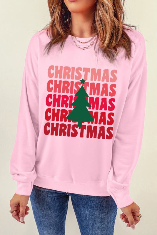 Pink CHRISTMAS Tree Print Drop Shoulder Sweatshirt