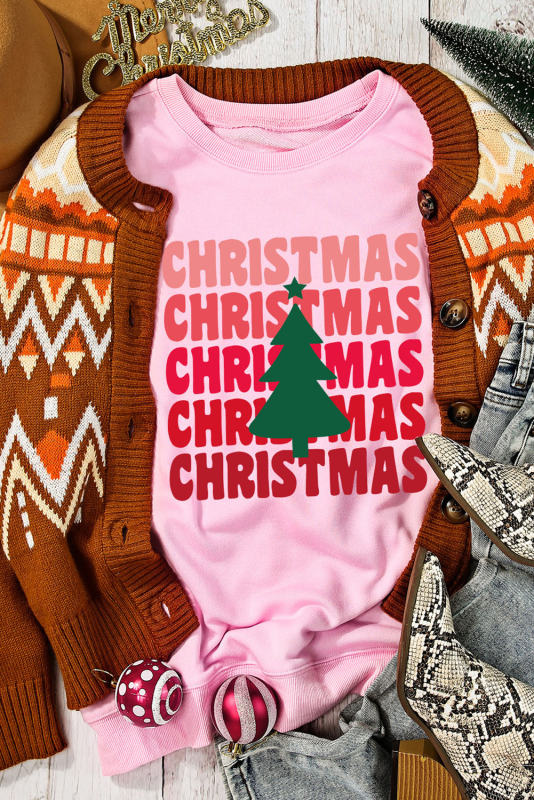 Pink CHRISTMAS Tree Print Drop Shoulder Sweatshirt