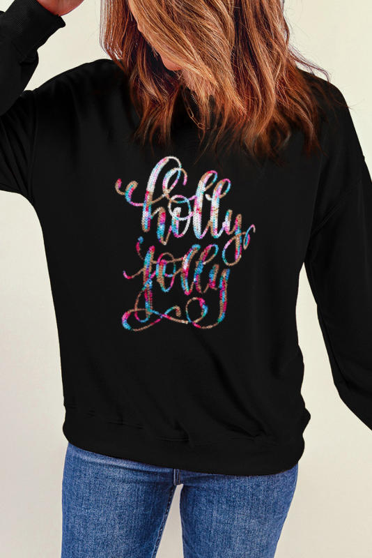 Black Holly Jolly Crew Neck Pullover Sweatshirt