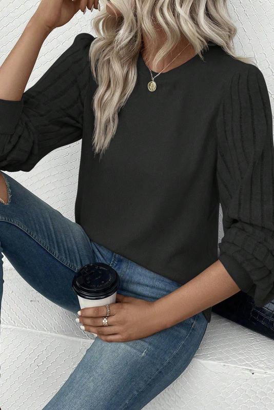 Black Contrast Ribbed Bishop Sleeve Top