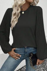 Black Contrast Ribbed Bishop Sleeve Top