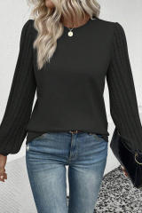 Black Contrast Ribbed Bishop Sleeve Top