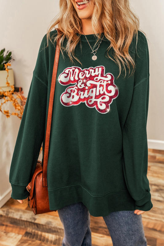 Duffel Green Merry &amp; Bright Sequin Print Drop Shoulder Sweatshirt