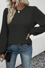 Black Contrast Ribbed Bishop Sleeve Top