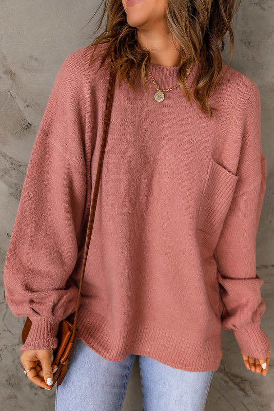 Red Solid Color Puffy Sleeve Pocketed Sweater