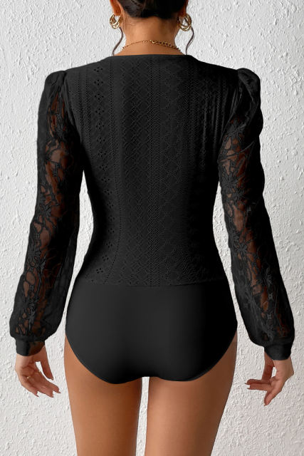 Black Frenchy Contrast Lace Bishop Sleeve Bodysuit