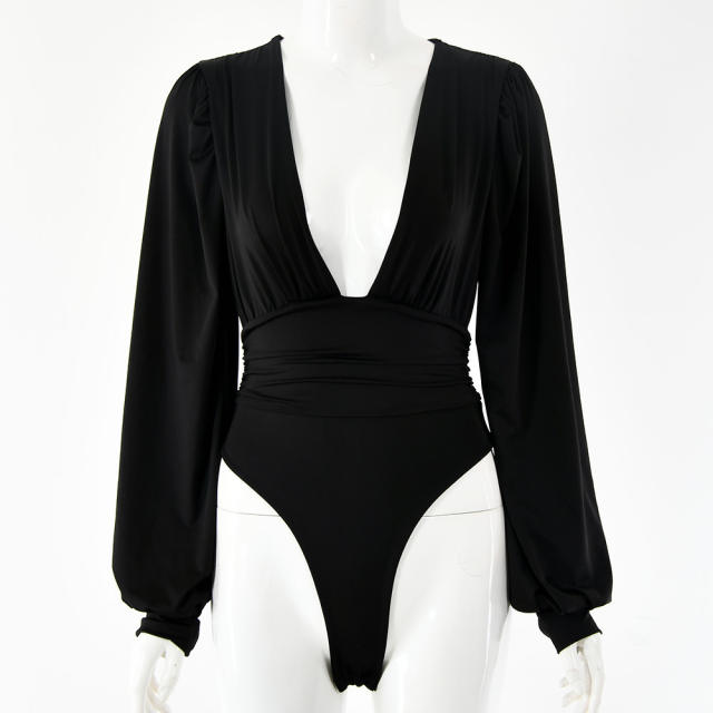 White Deep V Neck Pleated Long Sleeve Bodysuit TQK550214-2