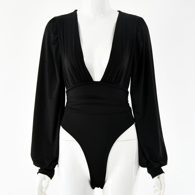 White Deep V Neck Pleated Long Sleeve Bodysuit TQK550214-2