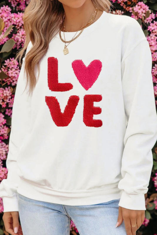 Beige LOVE Patched Graphic Valentines Sweatshirt