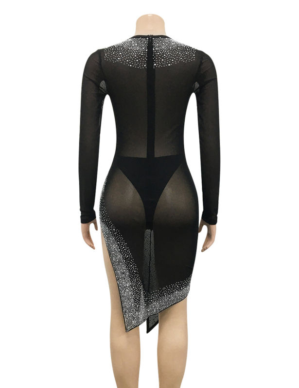 Black Rhinestone Cut-out Asymmetrical Mesh Club Dress