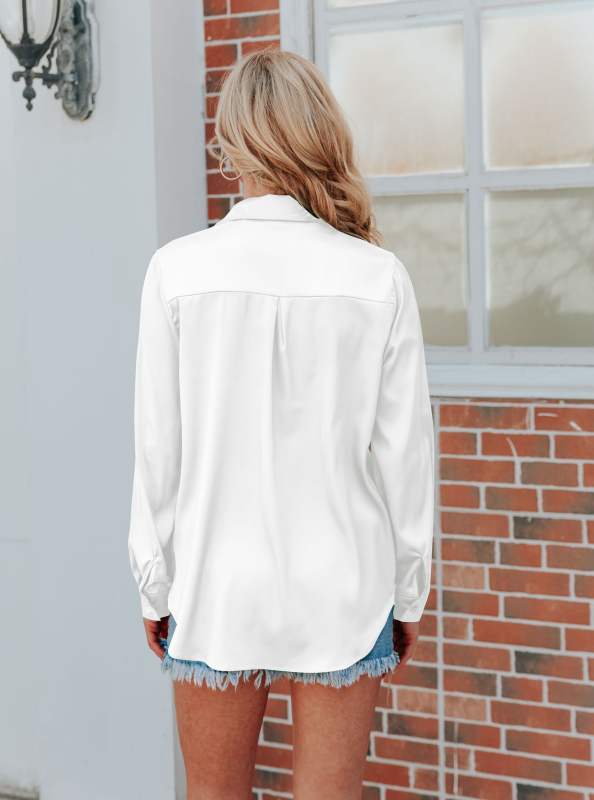 White V Neck Satin Pocketed  Long Sleeve Shirt TQX221065-1