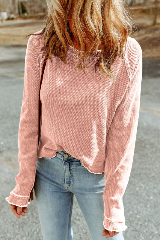 Pink Textured Round Neck Long Sleeve Top