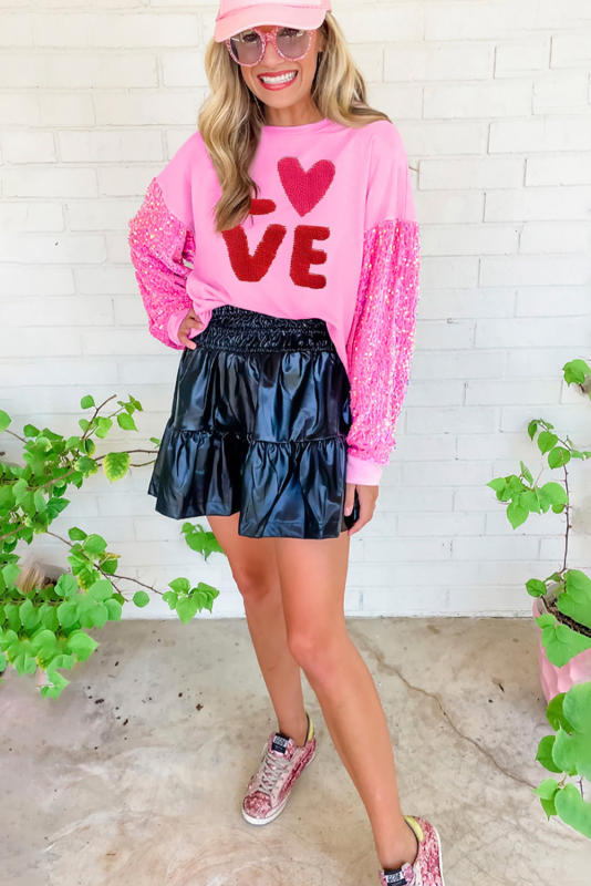 Pink Valentines LOVE Graphic Sequin Sleeve Top