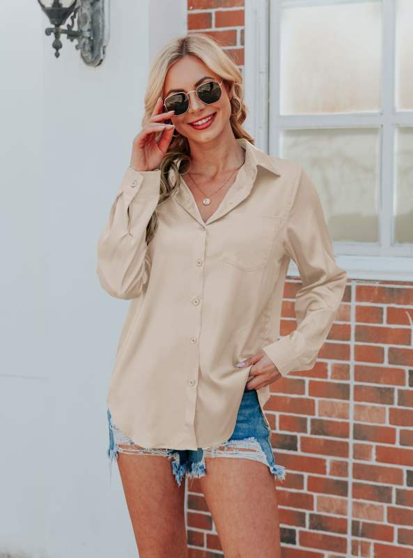 Champagne V Neck Satin Pocketed  Long Sleeve Shirt TQX220165-53