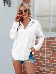 White V Neck Satin Pocketed  Long Sleeve Shirt TQX221065-1