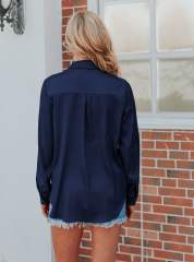 Navy Blue  V Neck Satin Pocketed  Long Sleeve Shirt TQX220165-34