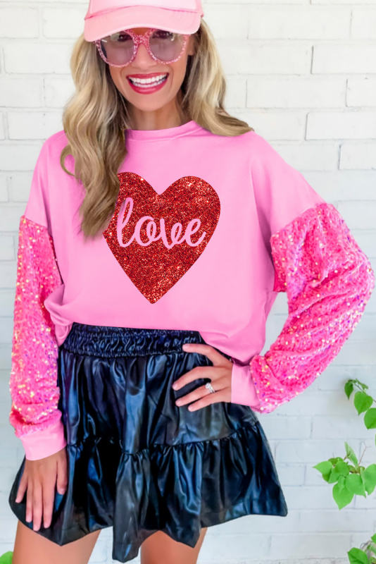 Pink Shiny Heart Shape love Print Sequined Patch Sleeve Top